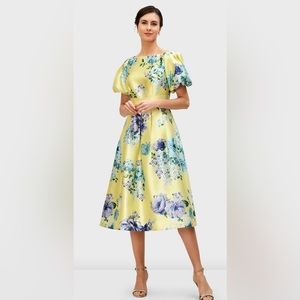 eShakti Puff Sleeve Floral Dupioni Dress